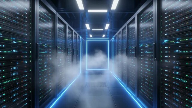 Futuristic server room with glowing blue lights and swirling fog creating a high-tech digital data center environment, advanced technology infrastructure concept