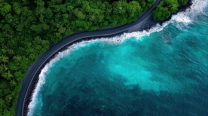Aerial view of a coastal road winding along a turquoise ocean, with lush green forest on one side and waves crashing on the other. The scene is bathed in natura