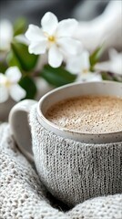 Close-up of a mug of coffee with a knitted cozy, surrounded by white flowers, creating a cozy and relaxing atmosphere.