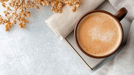A top-down shot of a coffee mug filled with coffee on a book, with dried flowers and a linen cloth, creating a cozy still life.