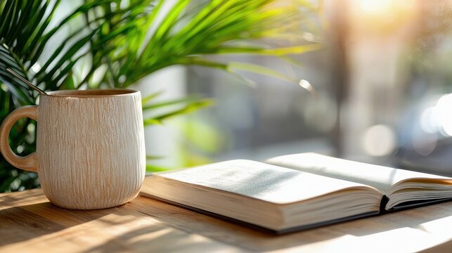 A coffee mug with a spoon, and an open book are on a wooden table near a window. Sunlight streams through the window, creating a warm and inviting atmosphere. - Powered by Adobe