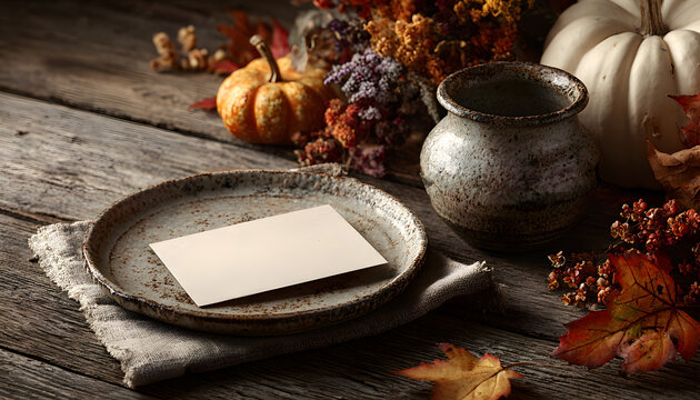 Autumnal table setting with blank menu. Seasonal dining arrangement features an empty card perfect for thanksgiving feast fall gathering or rustic wedding reception customize your