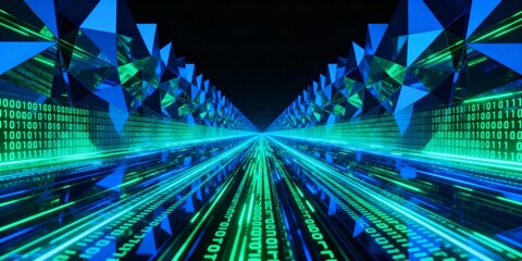 Fototapeta premium Dynamic 3D Render of Geometric Tunnel with Dense Streams of Binary Code Rec receding into the Distance