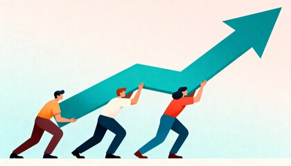 Diverse team collaborating to uplift growth arrow representing business success and progress in a modern illustration style