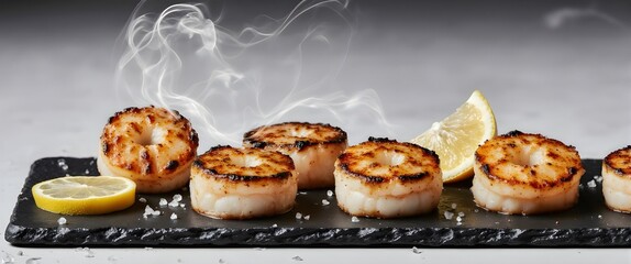 Steaming Grilled Scallops on Slate Plate with Sea Salt and Lemon Slices