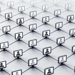 3D Render of Small Geometric Icons Connected in a Perfect Grid Structure on a Screen