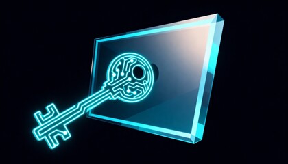 Stylized Glowing Key with Circuit Lines Unlocking a Geometric Shape Illustration in Vector Design