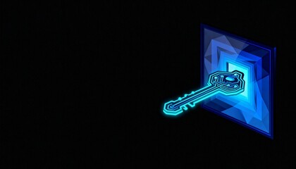 Stylized Illustration of a Key Unlocking a Geometric Shape with Glowing Circuit Lines in a Dark Background