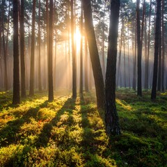 Obraz premium Sun shining through tall trees in a green, mossy forest