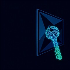 Stylized Vector Illustration of a Glowing Key Unlocking a Geometric Circuit Design with Lines