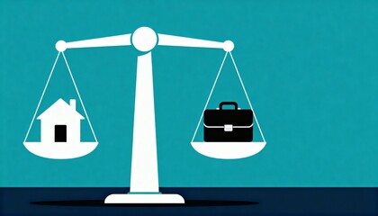 Vector Illustration of a Perfectly Balanced Scale with Home Icon on One Side and Briefcase Icon on the Other Side