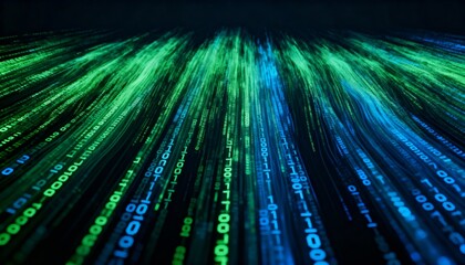 Dynamic Streams of Falling Data Elements in Vibrant Blue and Green Colors on Dark Background