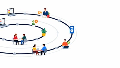 Stylized Vector Illustration of Circular Timeline with Icons Representing Work Activities and Collaboration