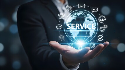 Fototapeta premium Businessman Hand Holding Virtual Blue Globe with Service Text and Digital Communication Icons for Global Customer Support Concept