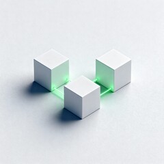 Clean 3D Render of Geometric Data Blocks Perfectly Linked by Short Glowing Green Lines on Smooth Surface