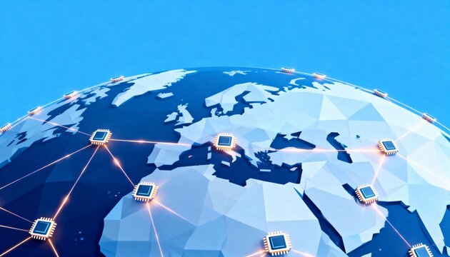 Stylized Low Poly Illustration of a Connected Globe with Glowing Data Lines and Geometric Shapes