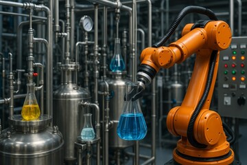 Robotic arm meticulously handles a chemical flask in a sophisticated industrial setting. This image exemplifies advanced automation in modern science and manufacturing.