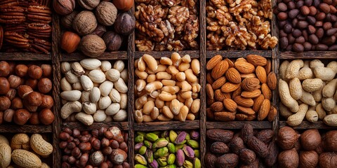 Assortment of various whole and shelled nuts displayed in wooden boxes
