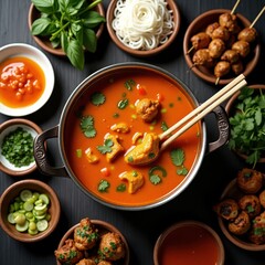 Delicious chicken curry served with various side dishes and garnishes overhead view