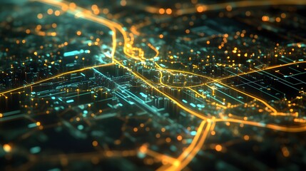 Abstract futuristic city with glowing neon lights and circuit board patterns representing technology and urban innovation for modern designs