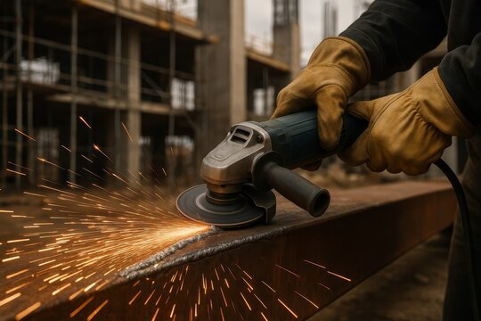 Hands in protective gloves operate an angle grinder, creating bright sparks. This industrial activity takes place at a construction site, highlighting hard work. - Powered by Adobe