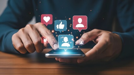 Person using smartphone with social media icons hovering above