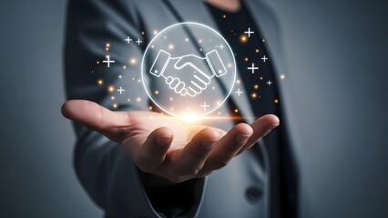 Business partnership concept with handshake icon on open palm