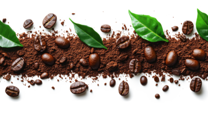 A line of coffee beans and leaves on a white background