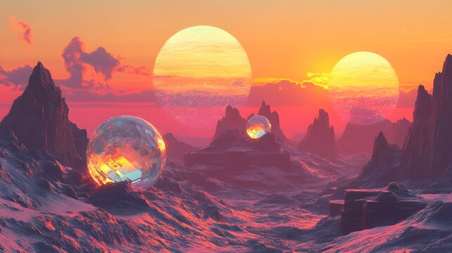 Surreal landscape with glowing orbs and vibrant sunset creating a dreamy and otherworldly atmosphere perfect for fantasy or science fiction themes