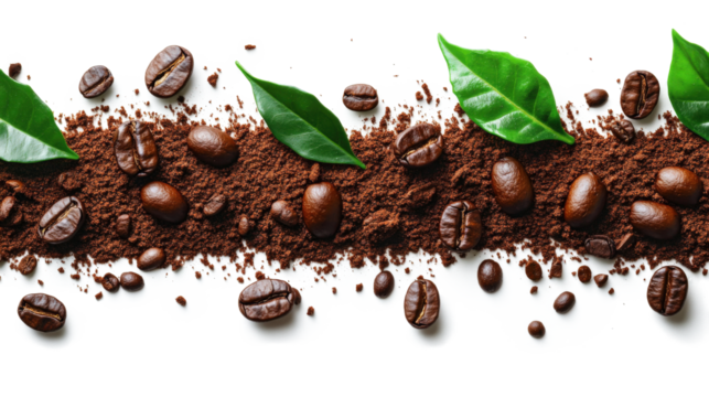 A line of coffee beans and leaves on a white background