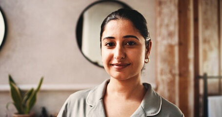 Happy, skincare and portrait of woman in bathroom of house for beauty, morning and cleaning. Smile, self care hygiene and hydration with female person in apartment for glow, dermatology and shine