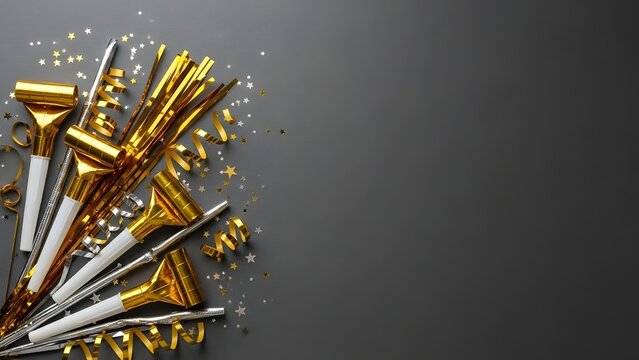 Party blowers and confetti on a dark gray background