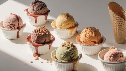 Variety of Ice Cream Scoops in Small Bowls with Cone.