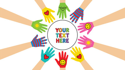 Diverse cartoon hands circle, colorful design, unity concept, playful illustration, editable text space, vector art, isolated, inclusive, stock