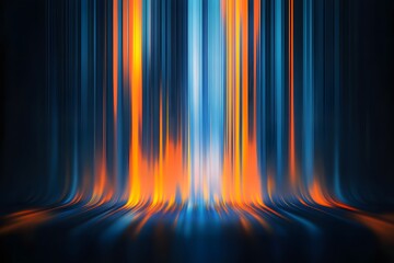 Abstract vibrant streaks of orange and blue light emanating upwards from a dark surface creating a dynamic energetic futuristic digital data flow effect