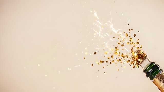 Champagne bottle explosion with gold confetti on a beige background - Powered by Adobe