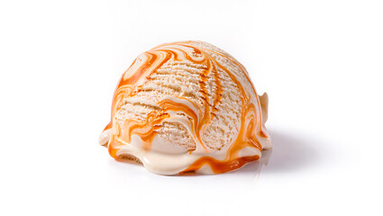 Single scoop of vanilla ice cream with caramel swirl syrup isolated on white background. Cold creamy dairy dessert ball with brown topping sauce close up.