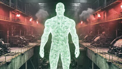 A binary-coded humanoid figure stands amid an industrial setting with smoke - Powered by Adobe
