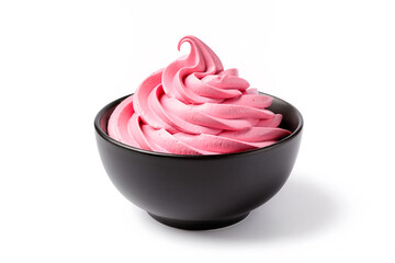 Pink strawberry soft serve frozen yogurt or ice cream swirl in black bowl isolated on white background. Creamy berry mousse dessert for summer refreshment.