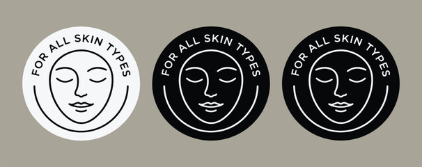 For all skin types icon set, stylized circular skincare symbols for cosmetic packaging, dermatology branding, and wellness design themes