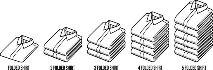 Folded shirt quantity icon set, stylized black symbols from 1 to 5 for fashion, inventory, and apparel design themes