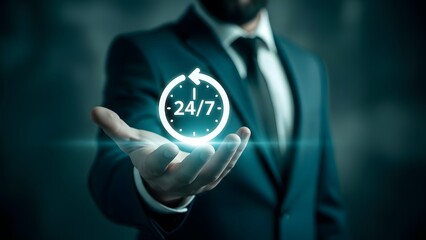Businessman holding 24 7 service icon in hand