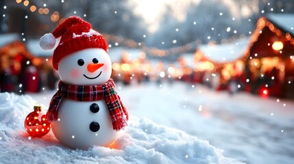 Fototapeta premium Snowman with a red hat and scarf stands in a winter market during the holiday season with bright lights in the background