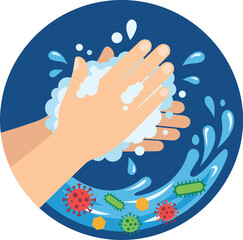Hand washing illustration, soap bubbles, clean hands, hygiene concept, germs removal, water splash, health safety, vector, isolated, stock art