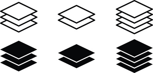 Layered square icon set, stylized stack symbols for UI design, data visualization, and graphic interface layout themes