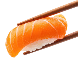 Nigiri caught midair by chopsticks, black background