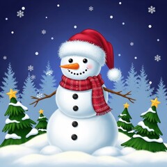Fototapeta premium Cute cartoon snowman wearing a red santa hat and scarf standing in a snowy winter forest at night