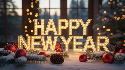 Festive happy new year display with lights and decorations indoors