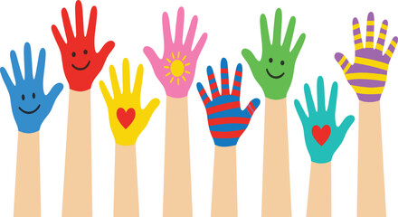 Raised hands diversity icon set, stylized colorful symbols for education, inclusion campaigns, and children’s activity design themes