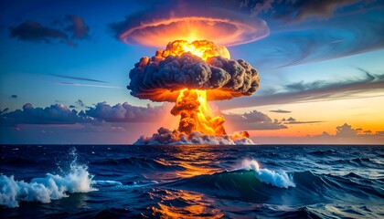 Explosion over ocean with towering mushroom cloud, sunset, and water